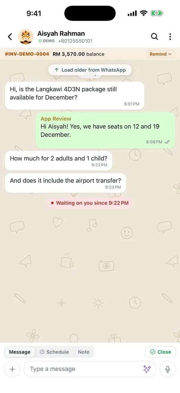 A conversation with the invoice pinned above the thread