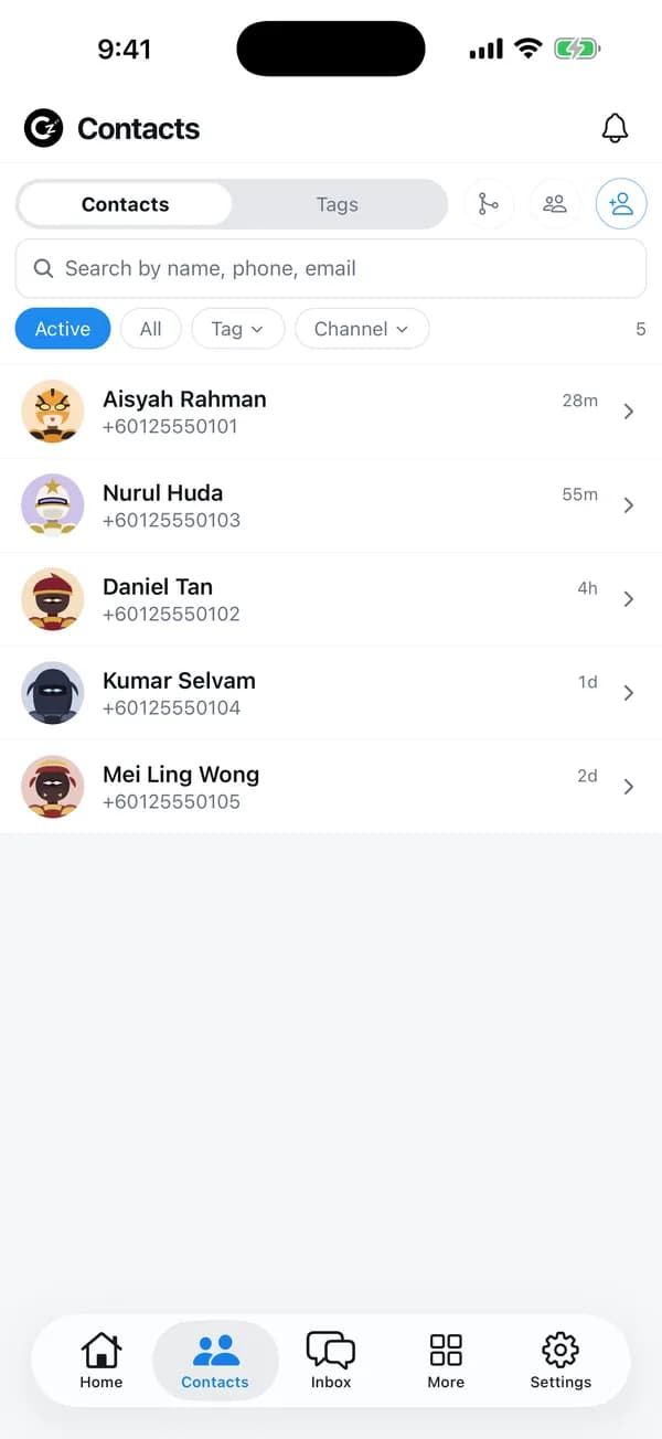 Contacts with tags and last activity