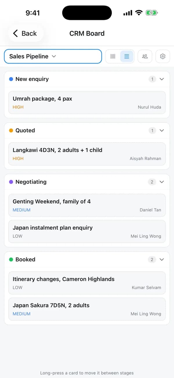 CRM board from new enquiry to booked