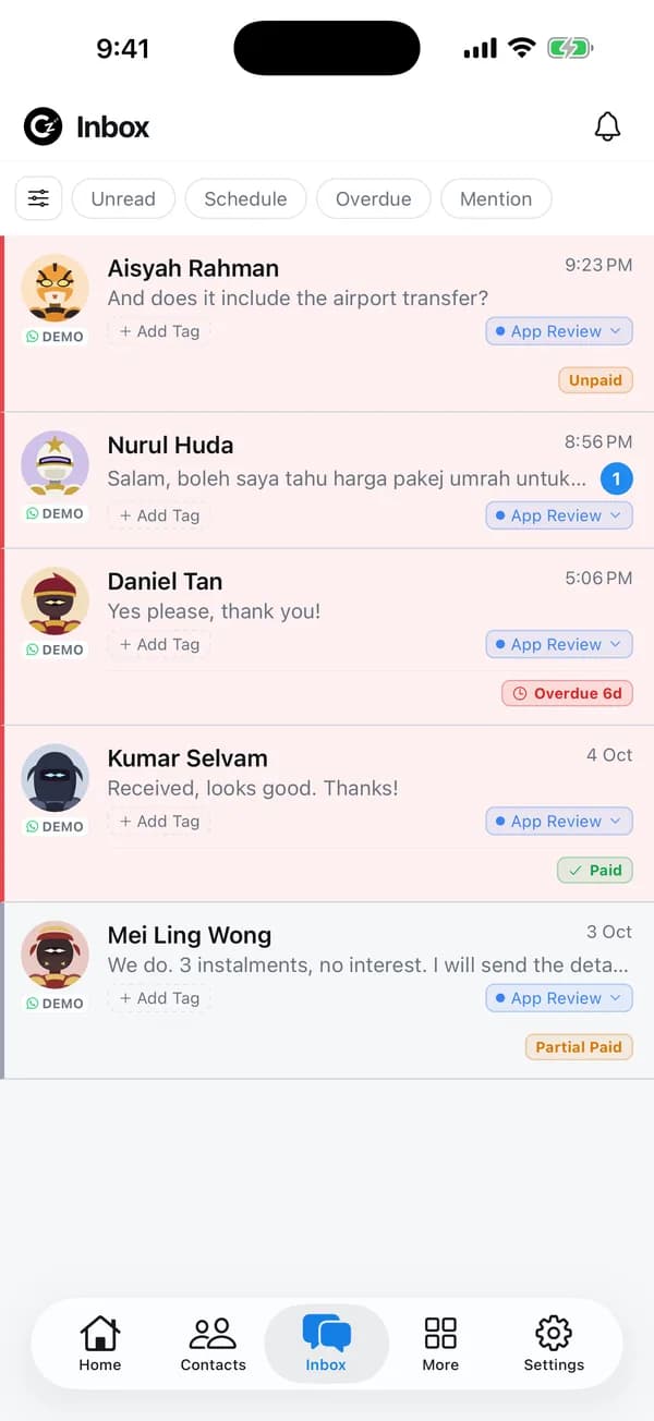 Inbox: every chat with its tags, owner and invoice status