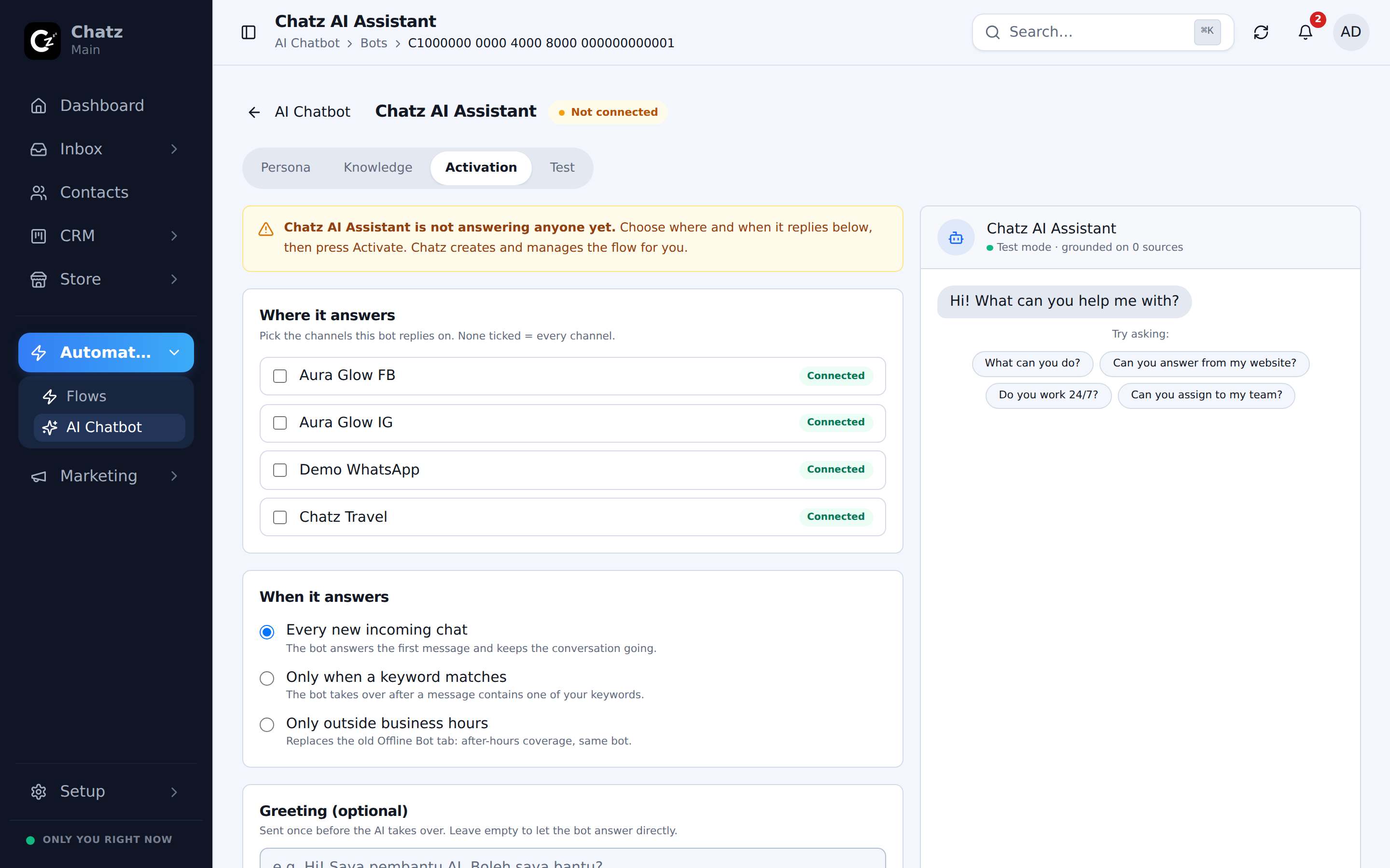The bot's Activation tab with channels, timing rules and the test pane