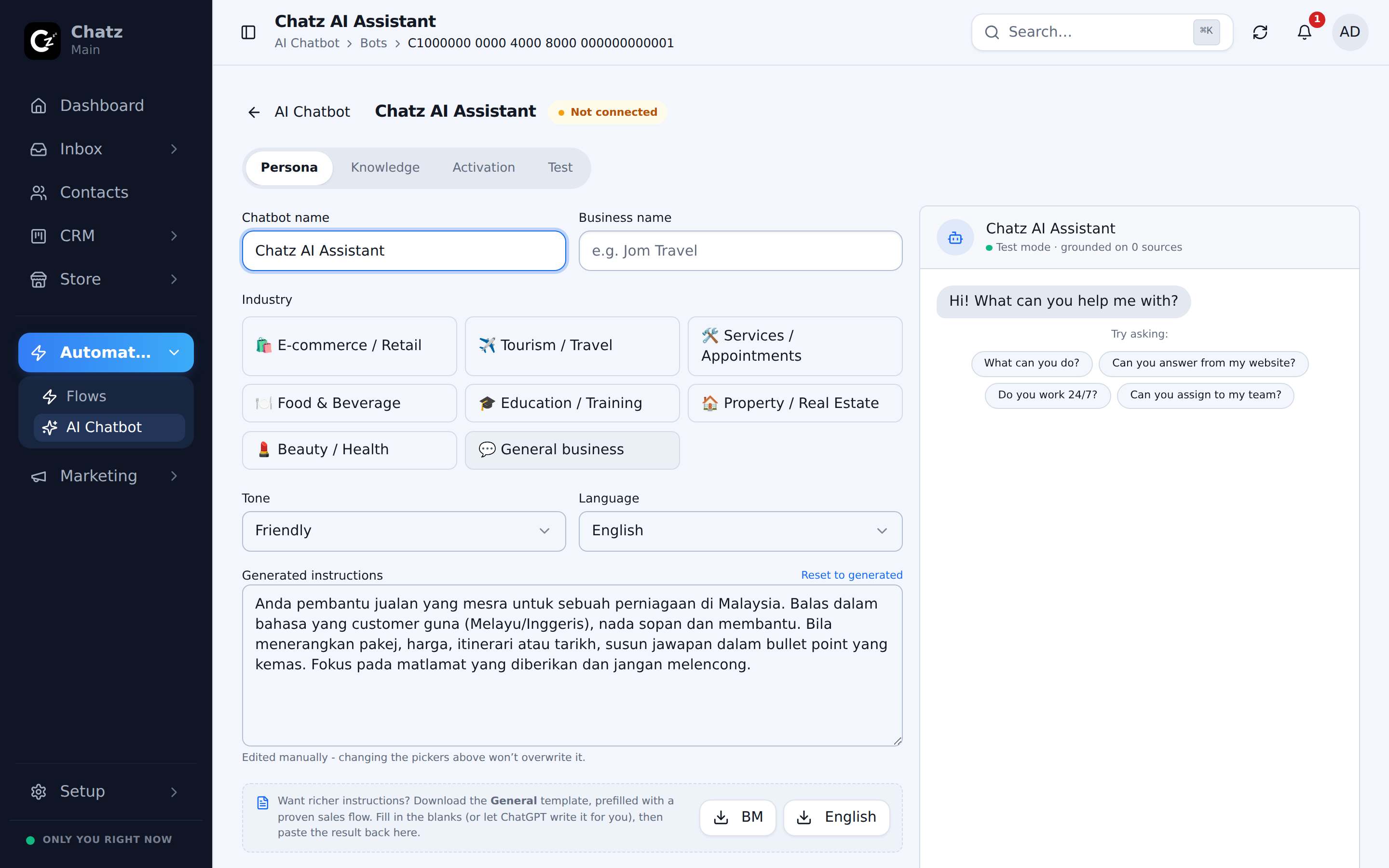 A bot's Persona and Knowledge tabs