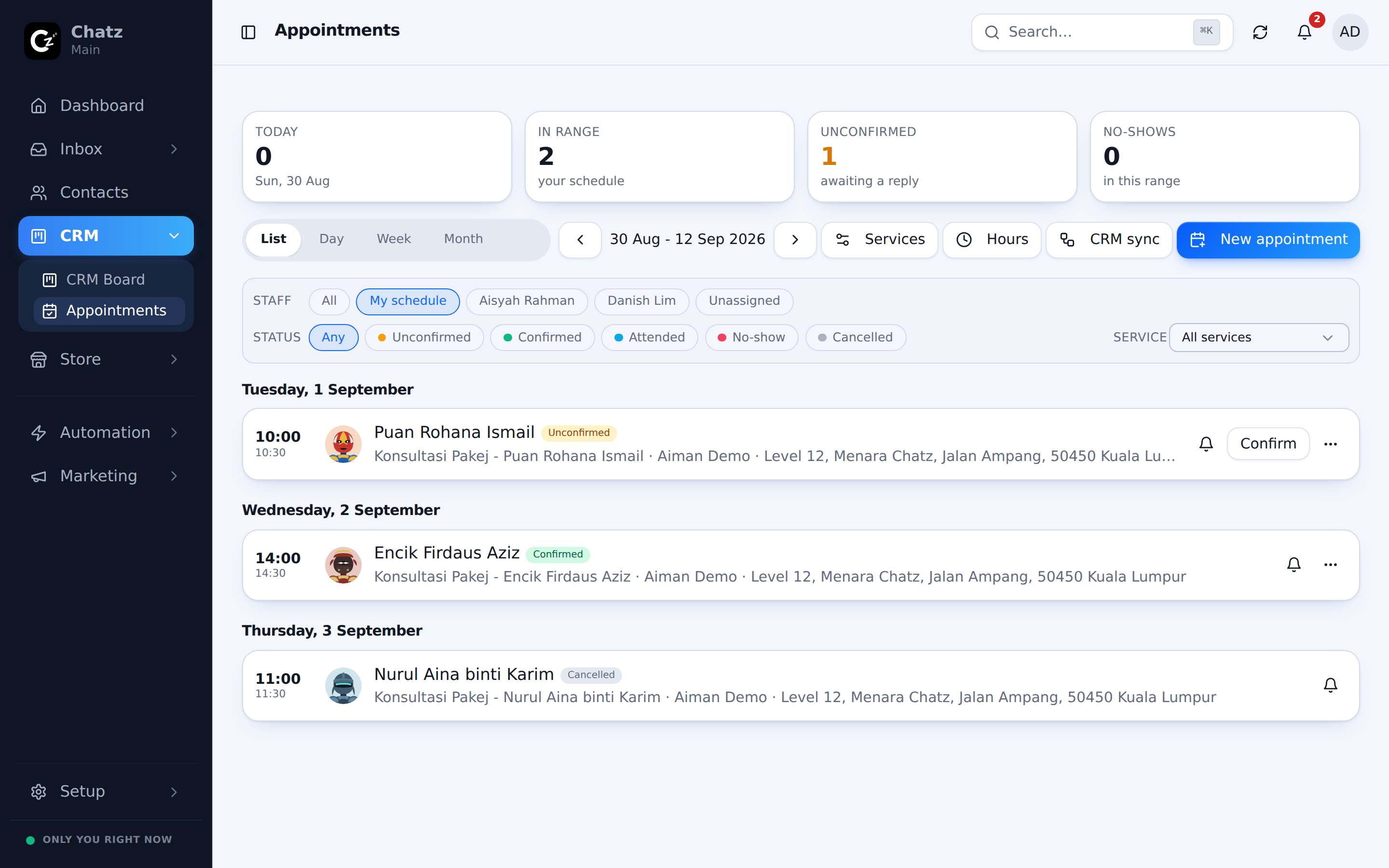The appointments calendar
