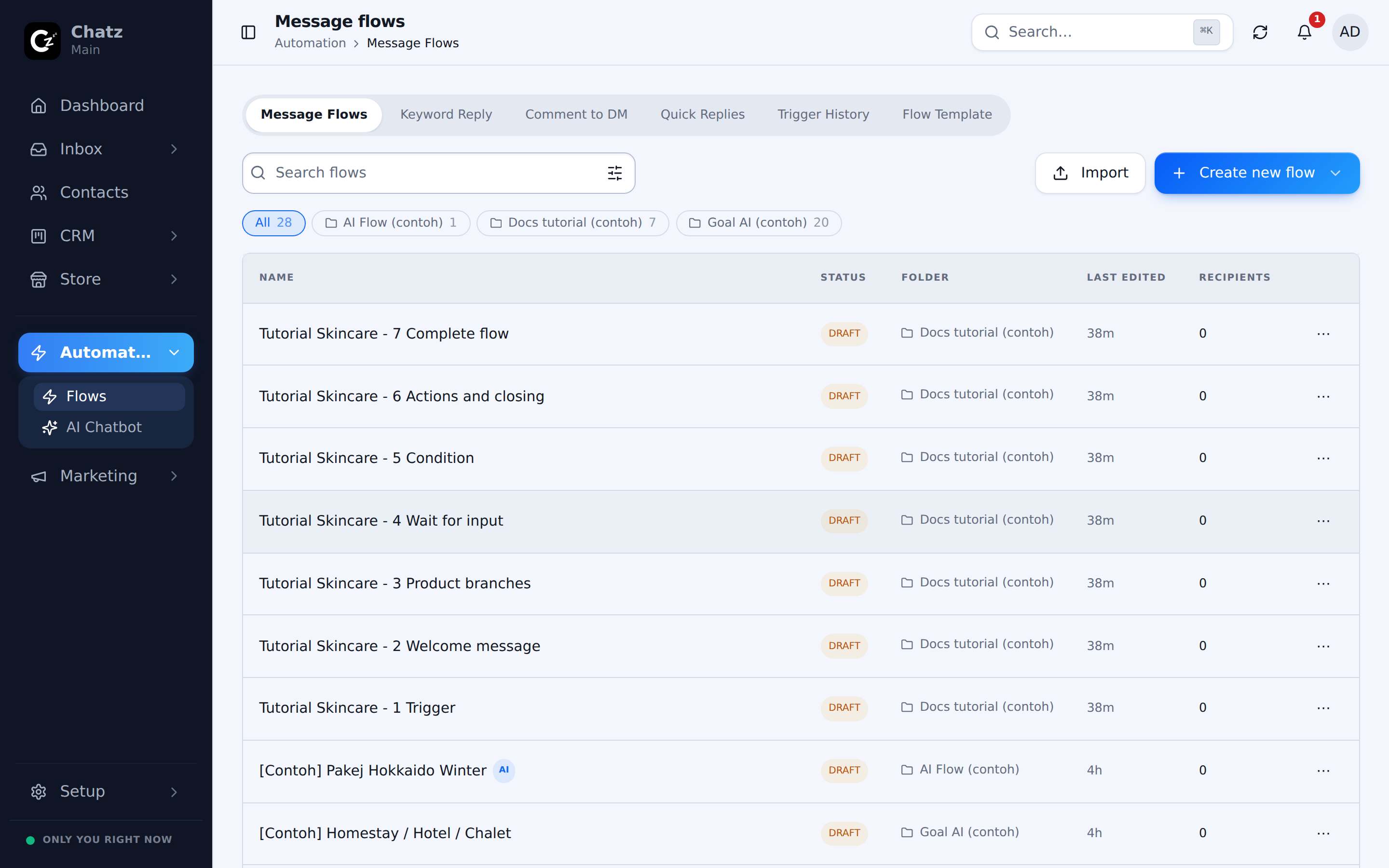 The Message Flows list with the Create new flow button