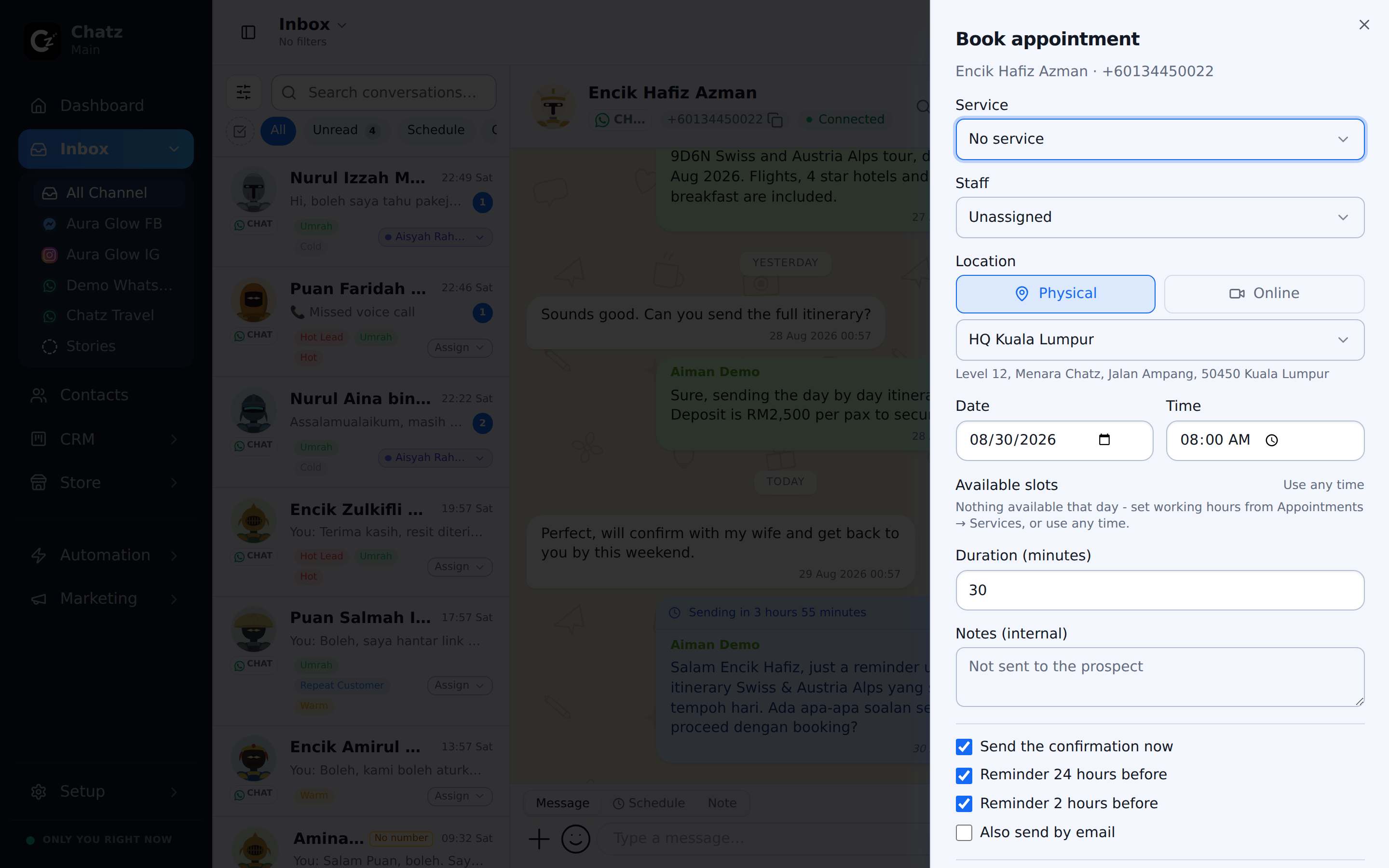 The Book appointment form opened from a conversation