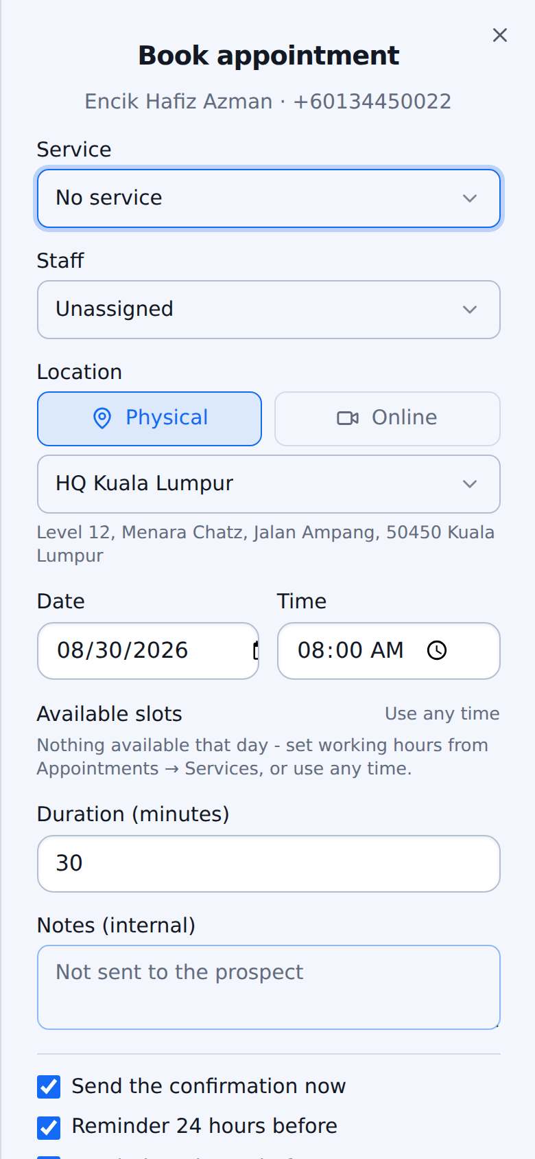 Satu halaman tempahan untuk setiap servis, dalam waktu anda