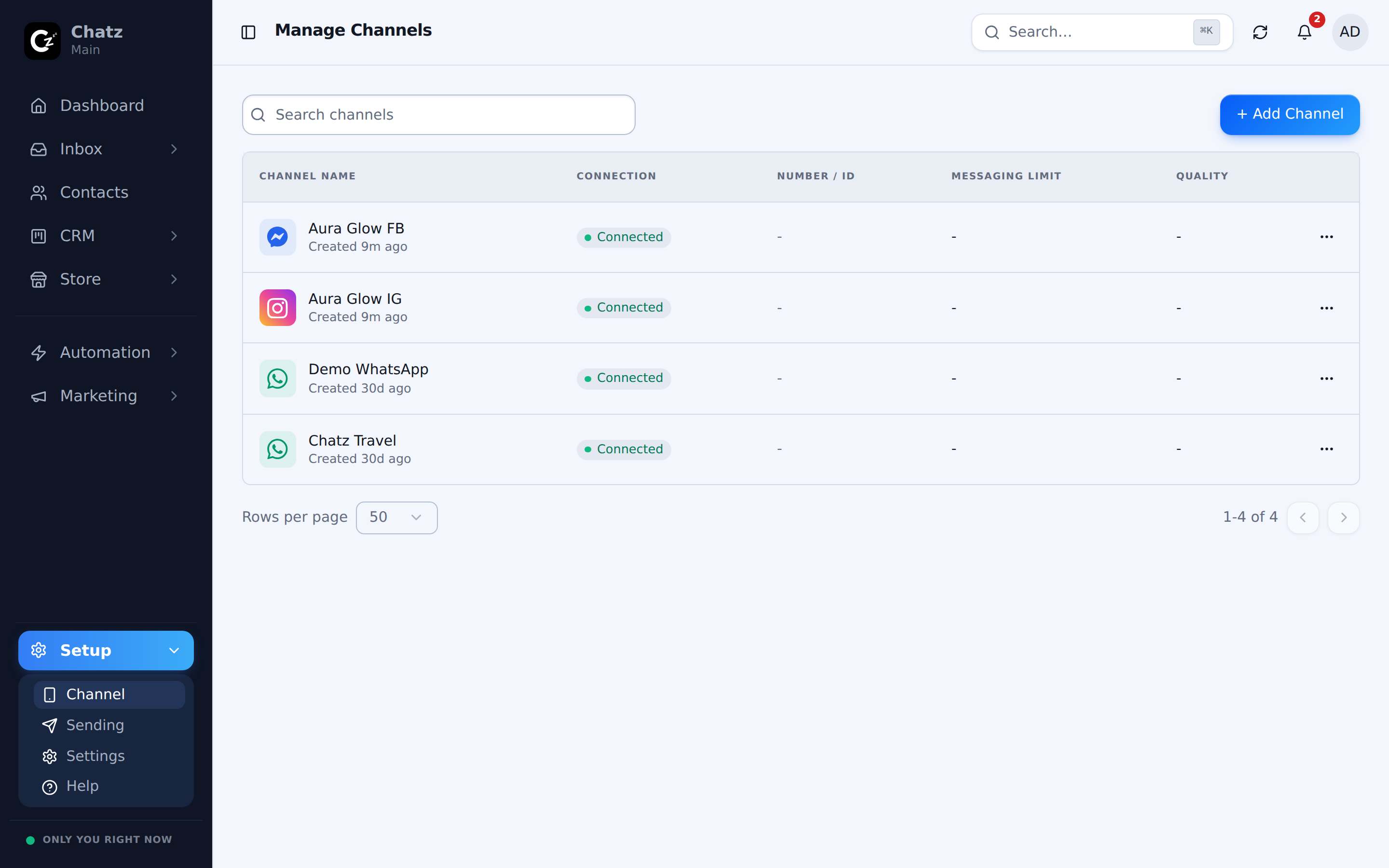 The channels page