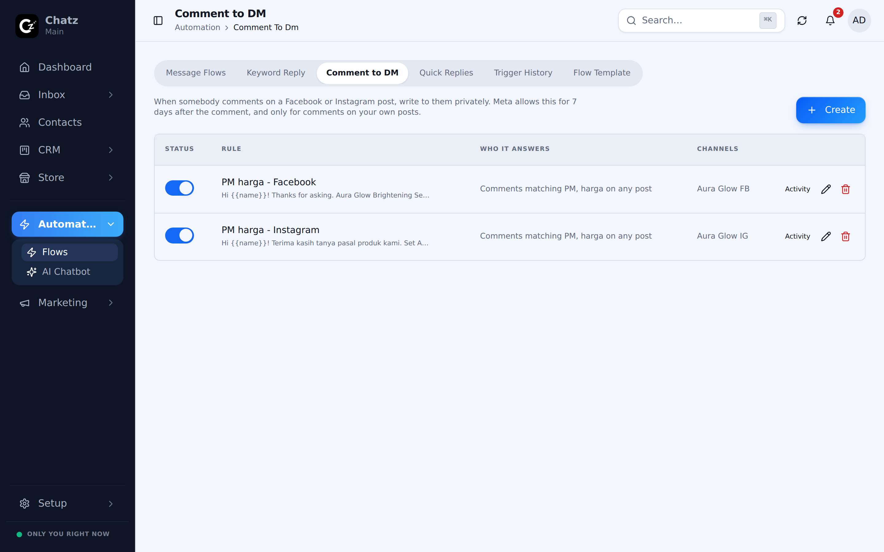 The Comment to DM rules screen