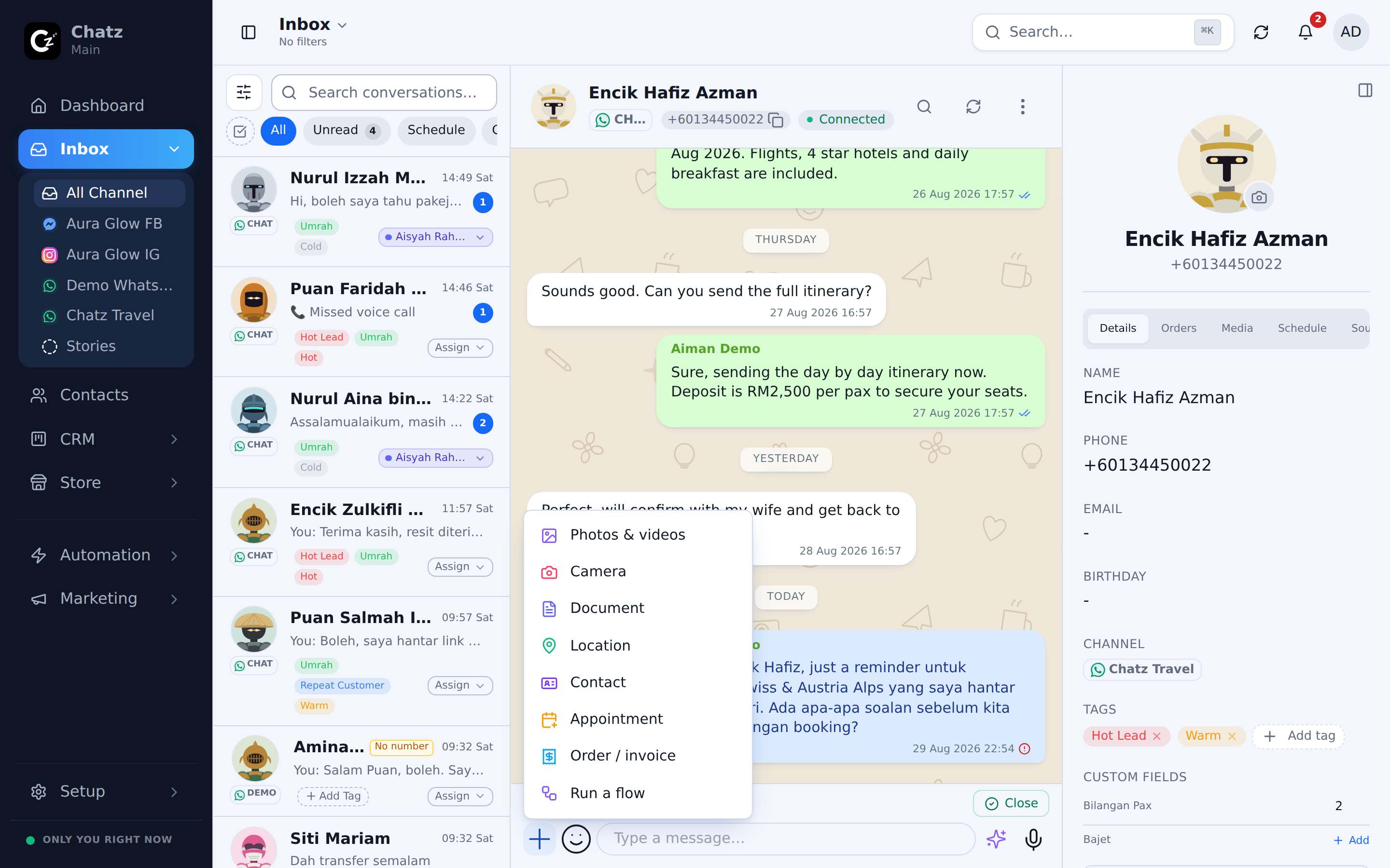 The composer's attach menu open over a conversation