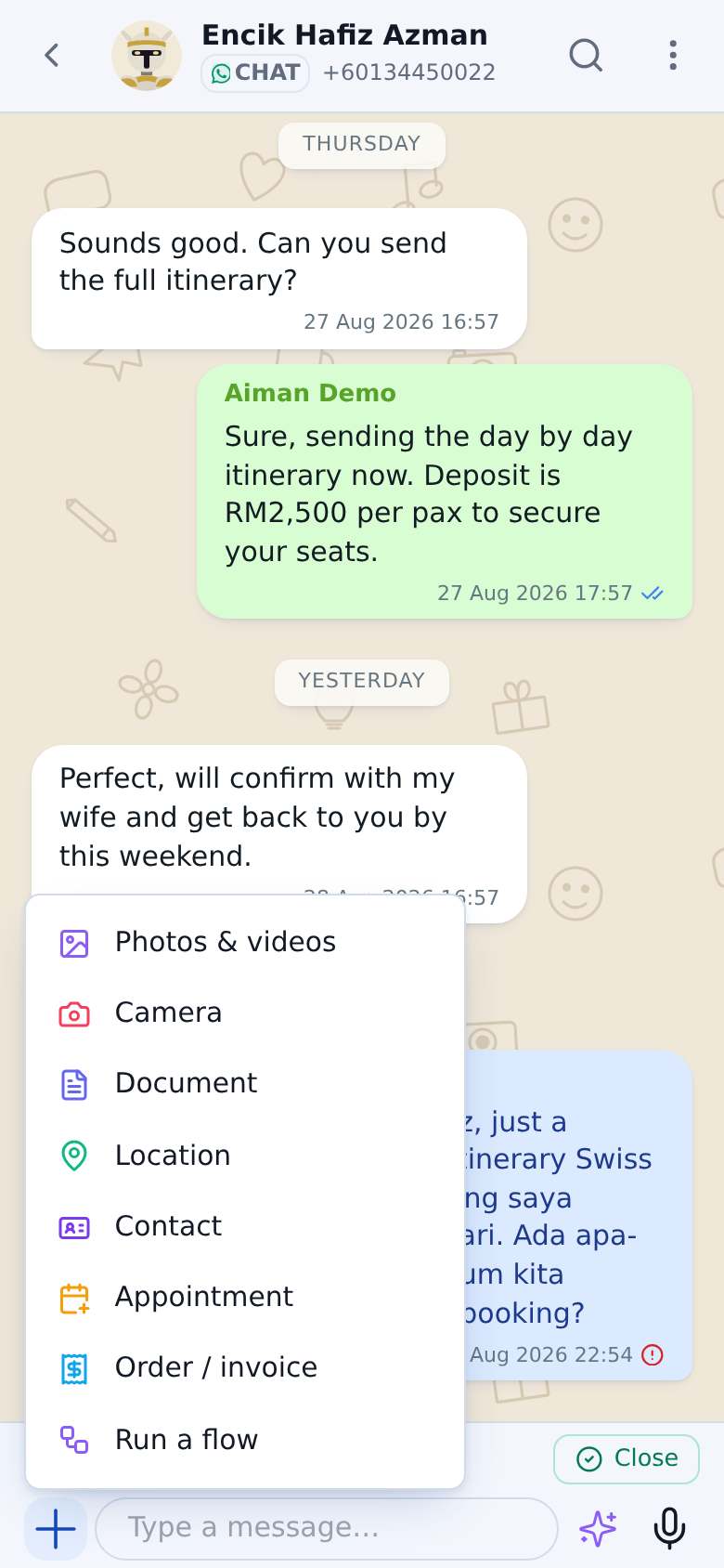Run flows and quick replies straight from the chat
