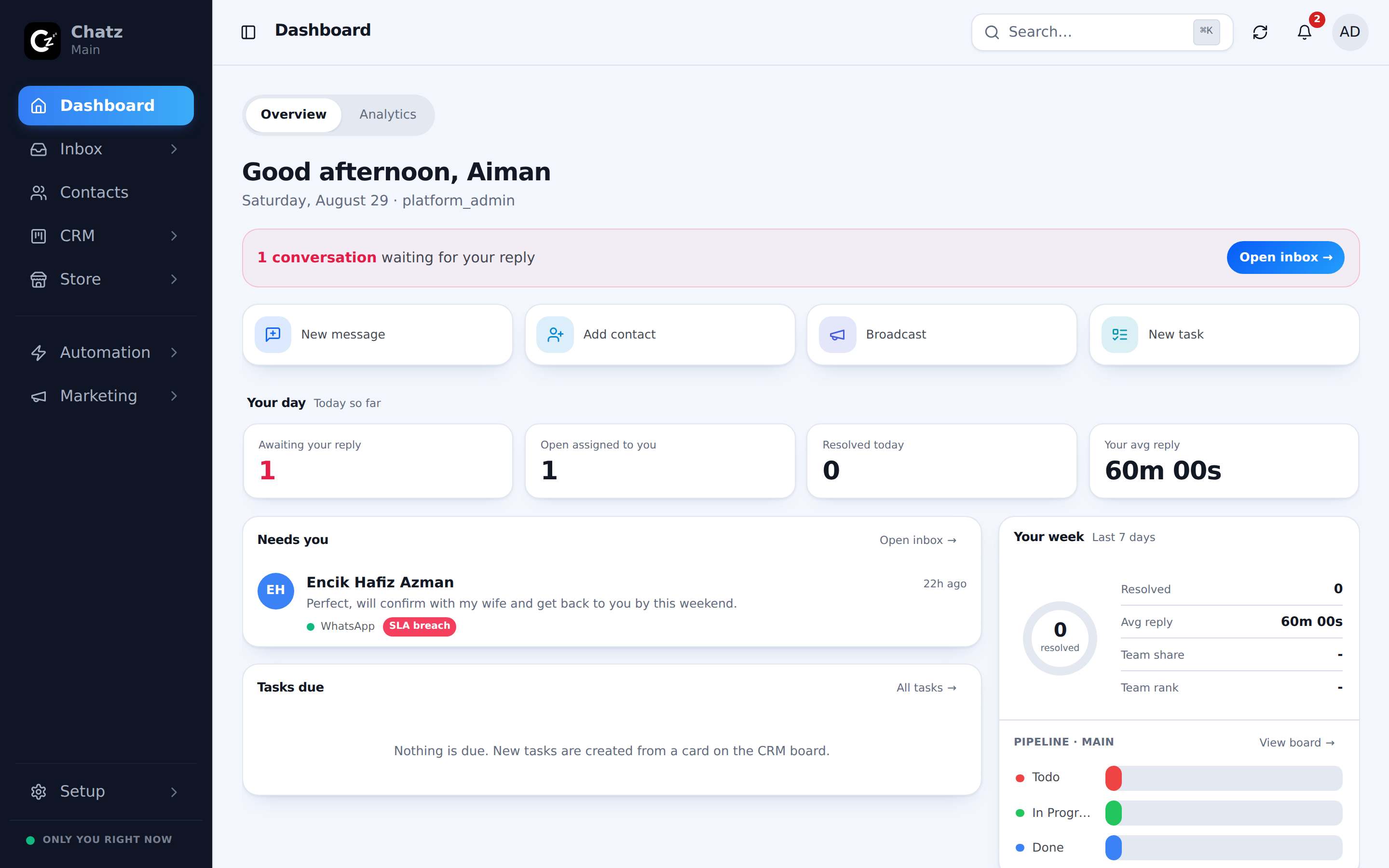 The Chatz dashboard