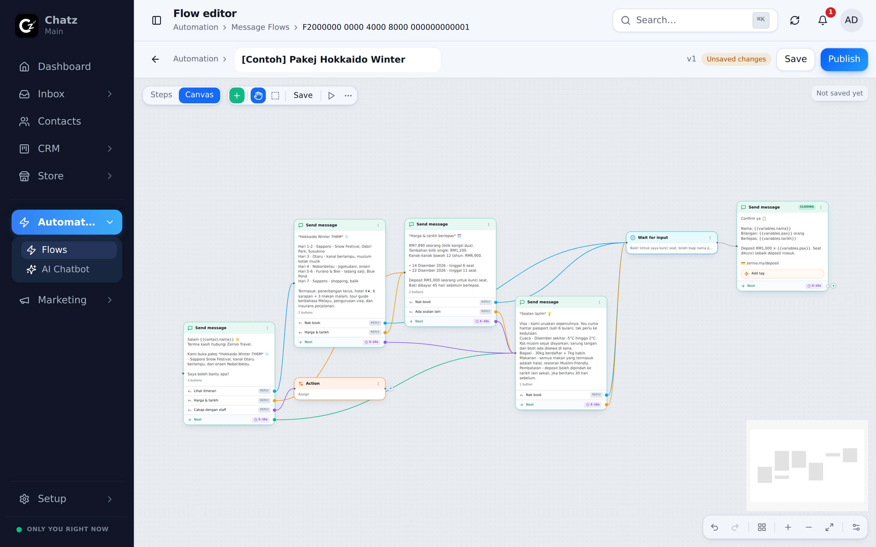 The flow editor's Canvas view, with steps connected by lines