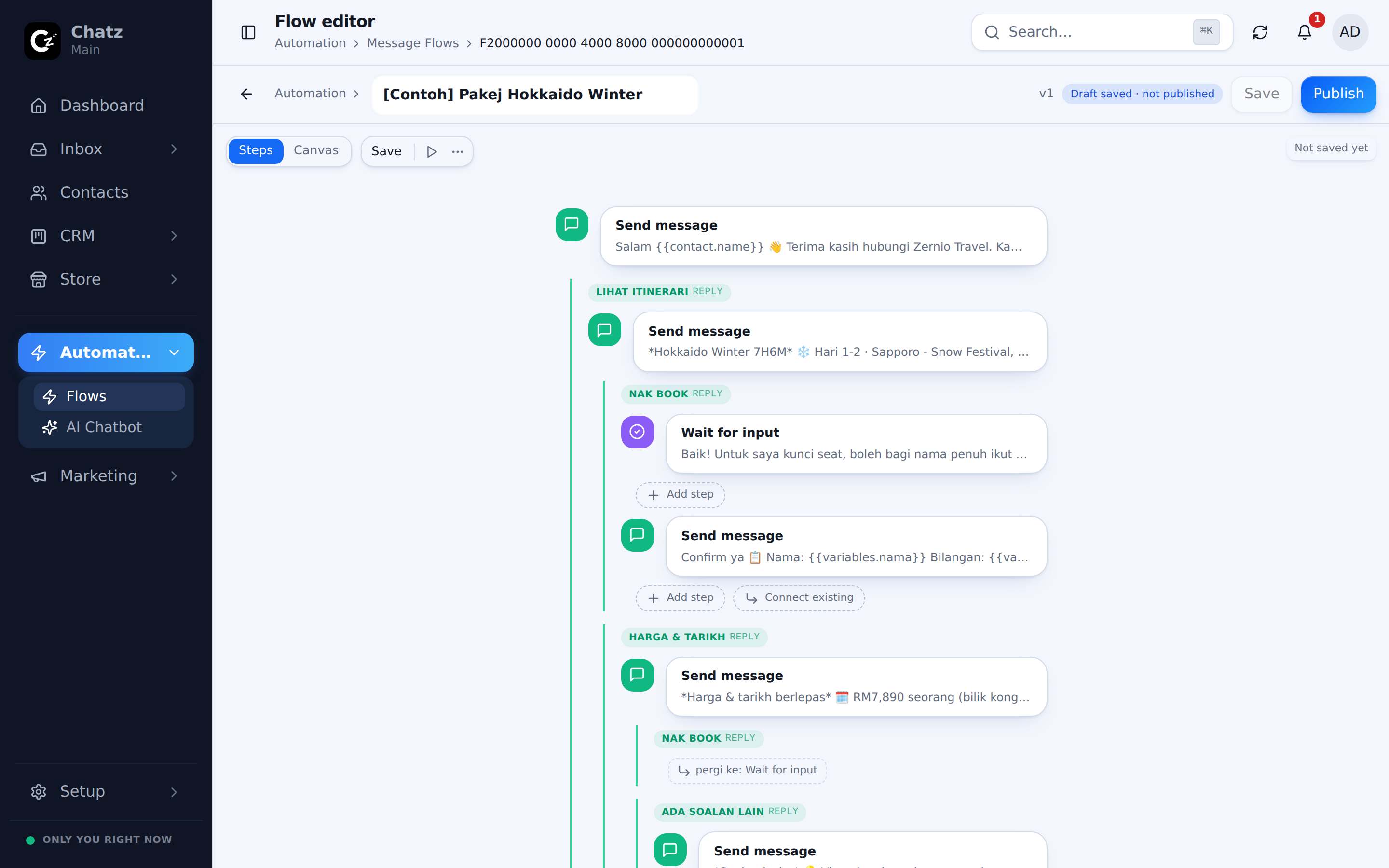 The flow editor's Steps view