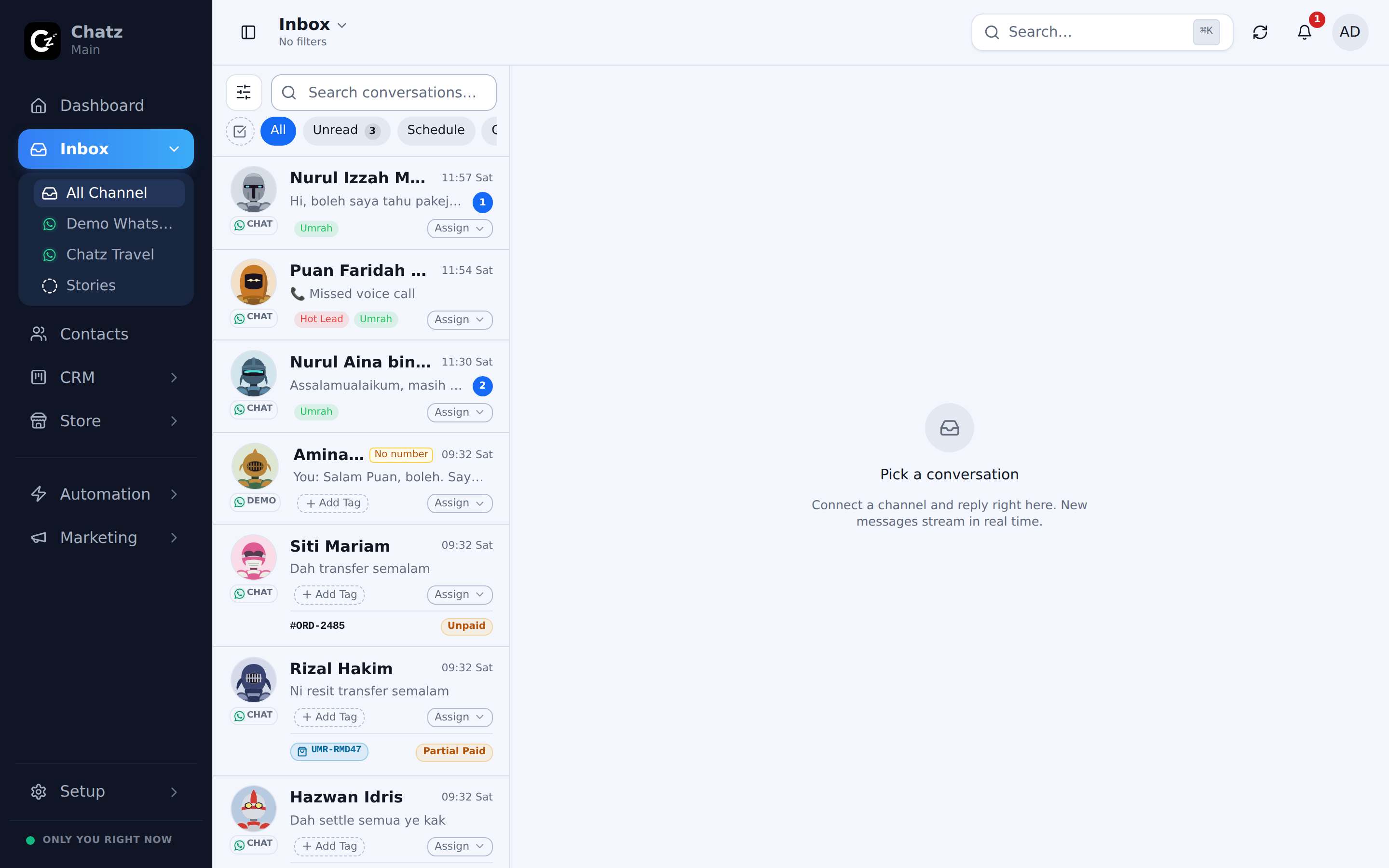The Chatz inbox with the conversation list and chat pane