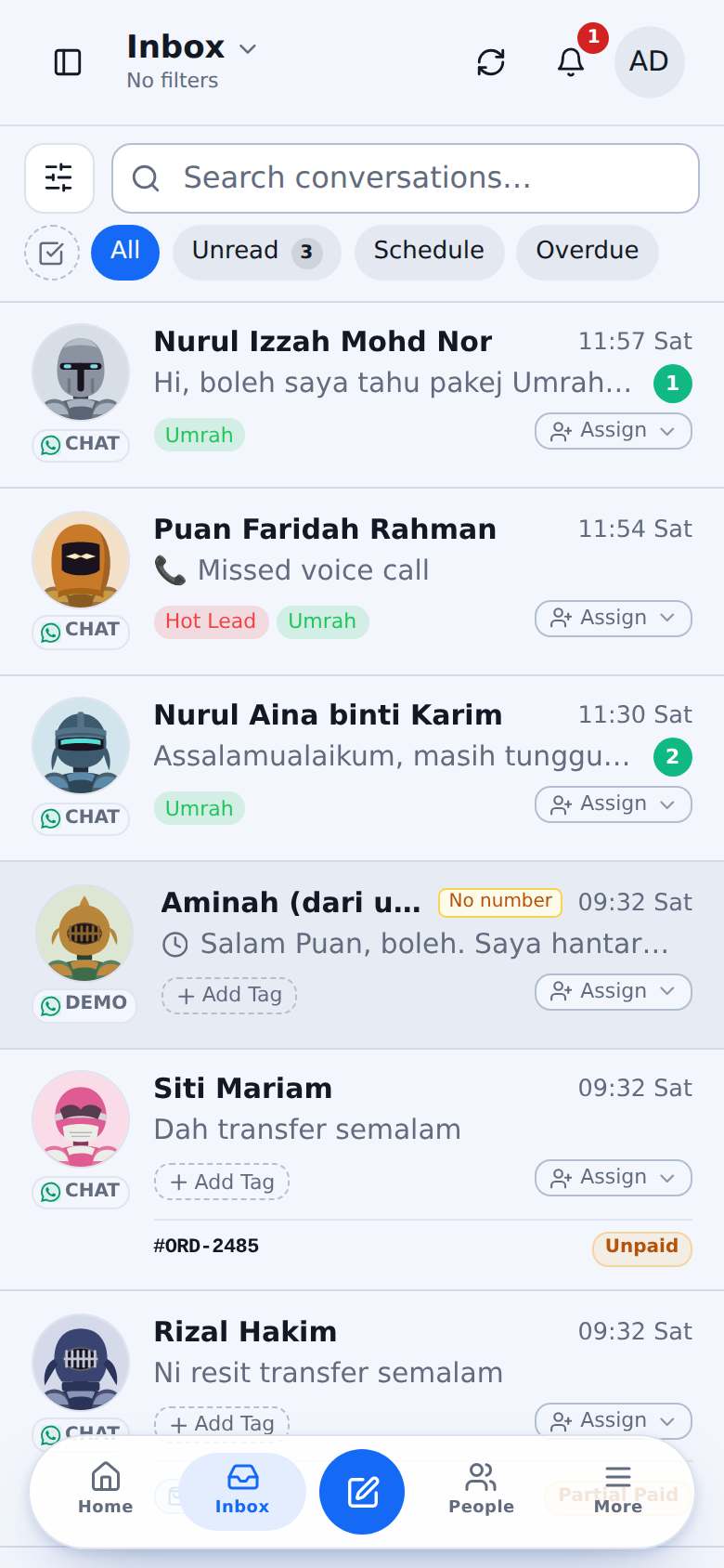 Satu inbox untuk seluruh team, setiap channel, setiap nombor