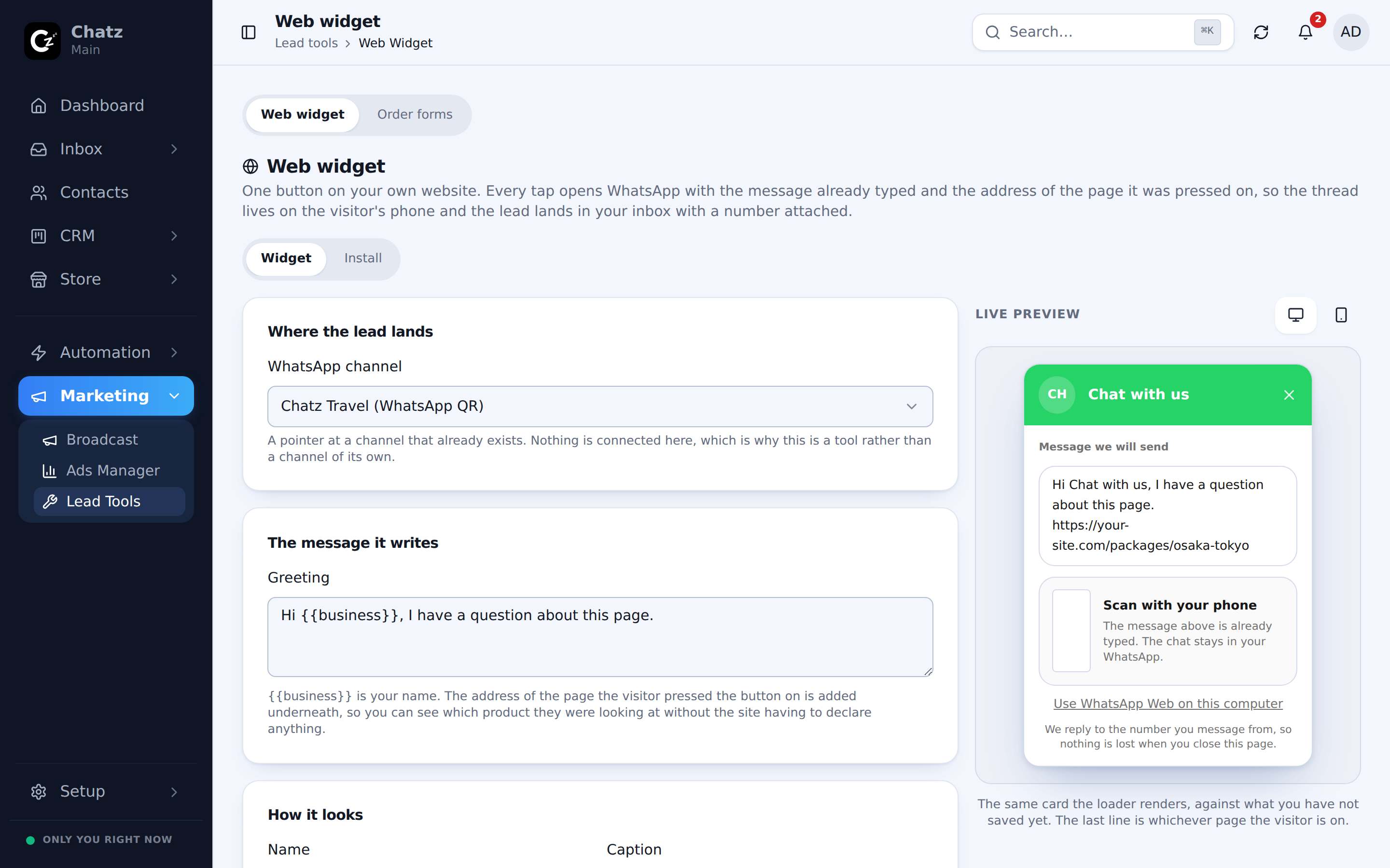The web widget configuration