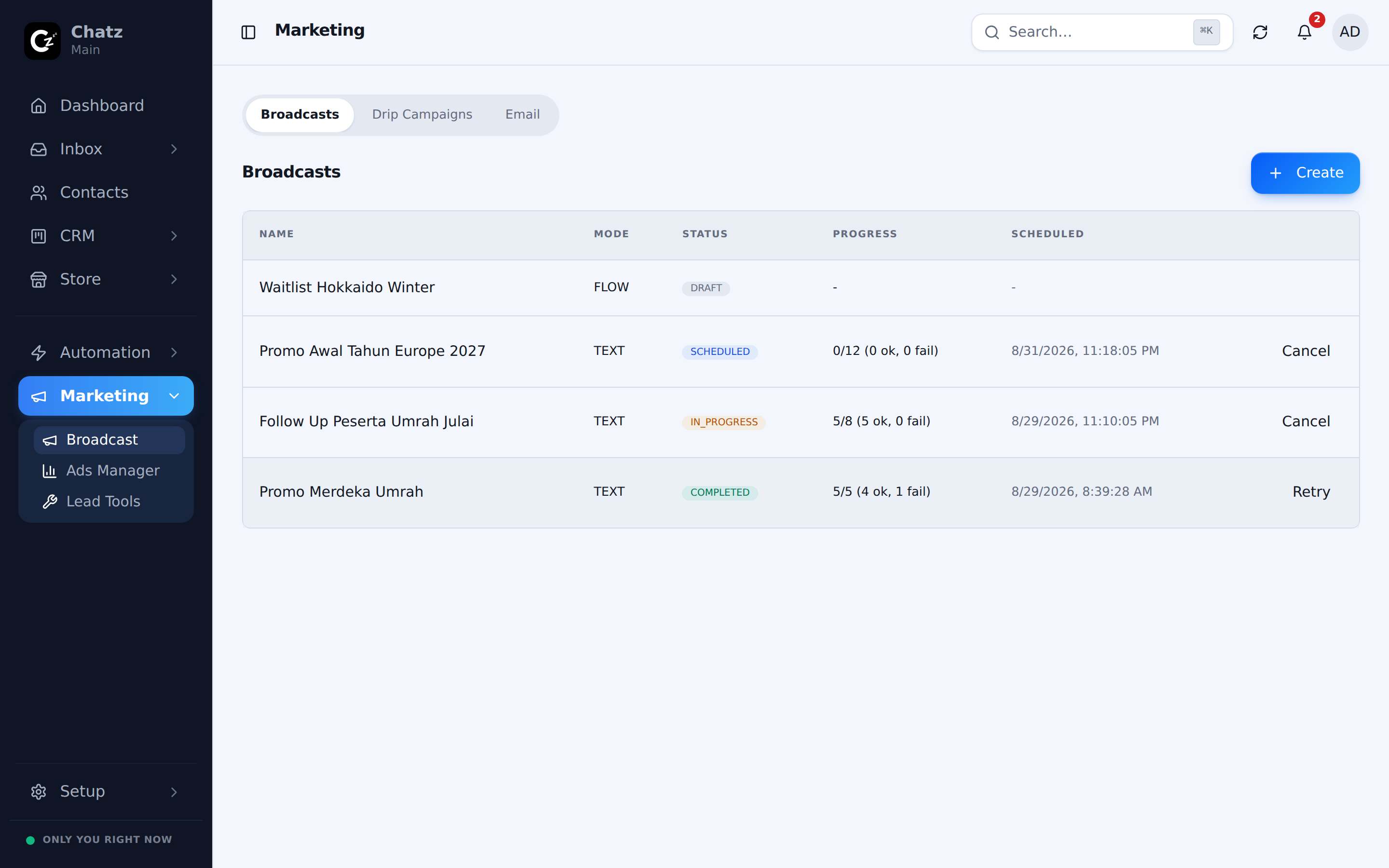 The new broadcast dialog