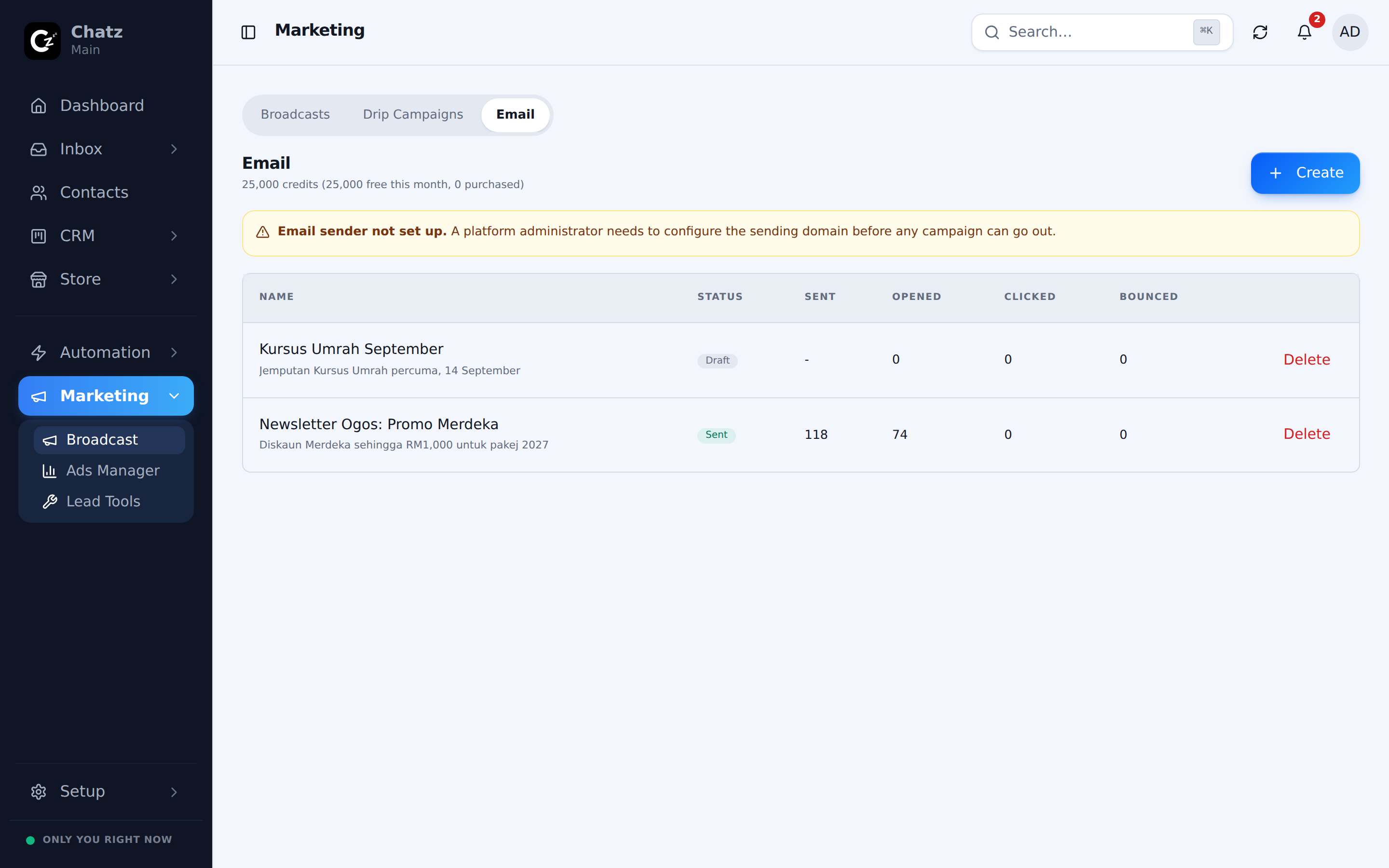 The Email marketing tab