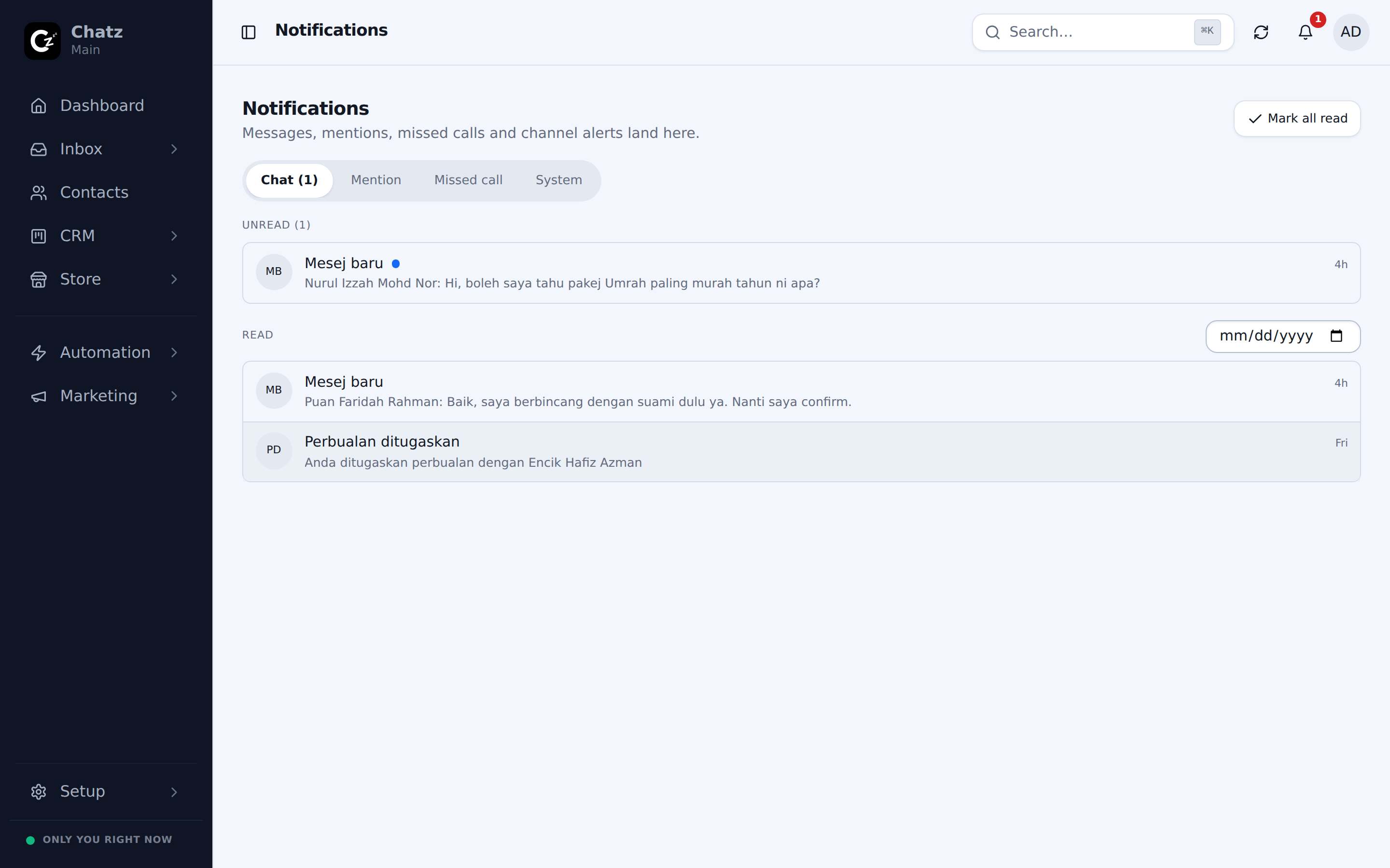 The Chatz notification center