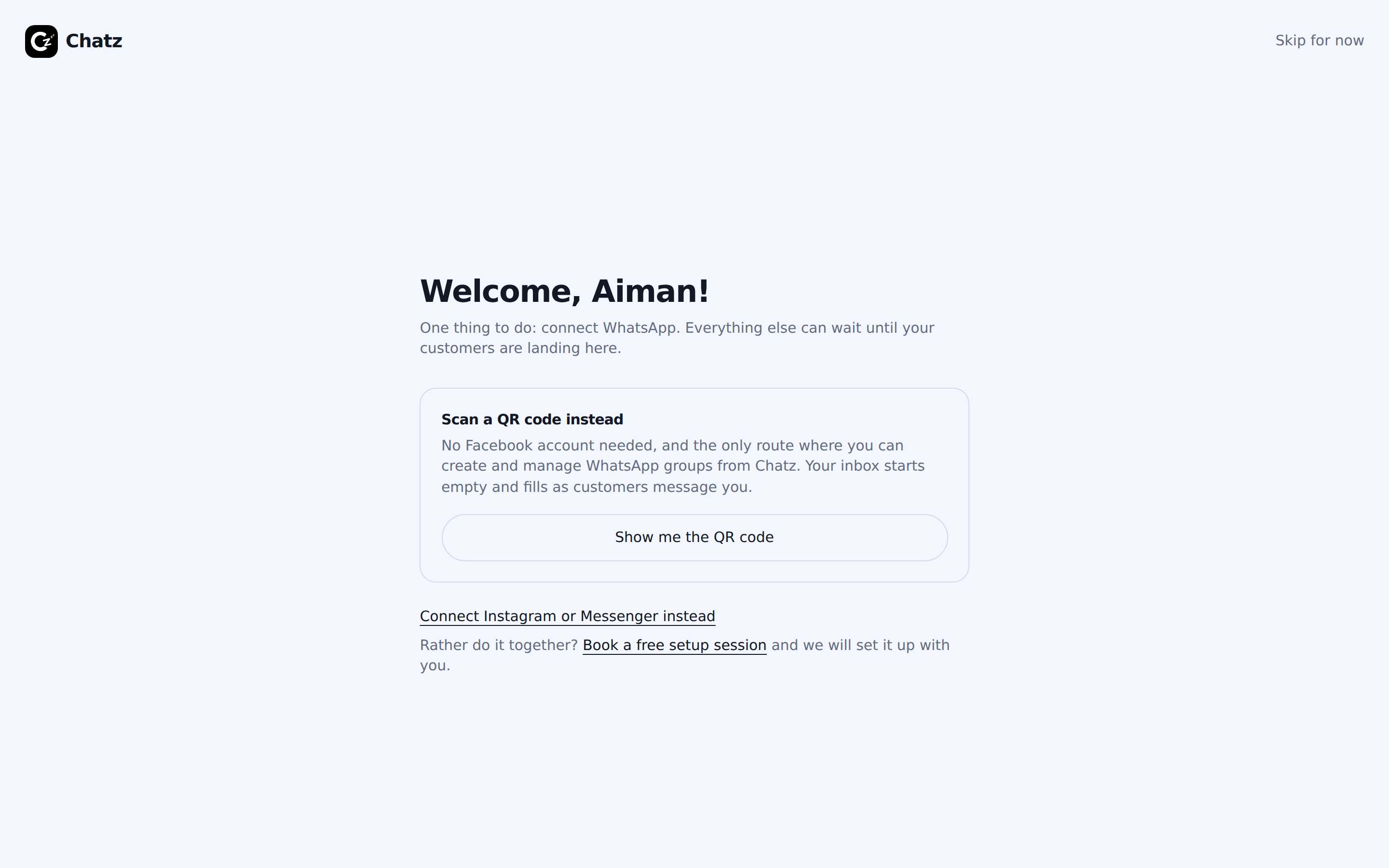The Chatz onboarding screen for connecting WhatsApp