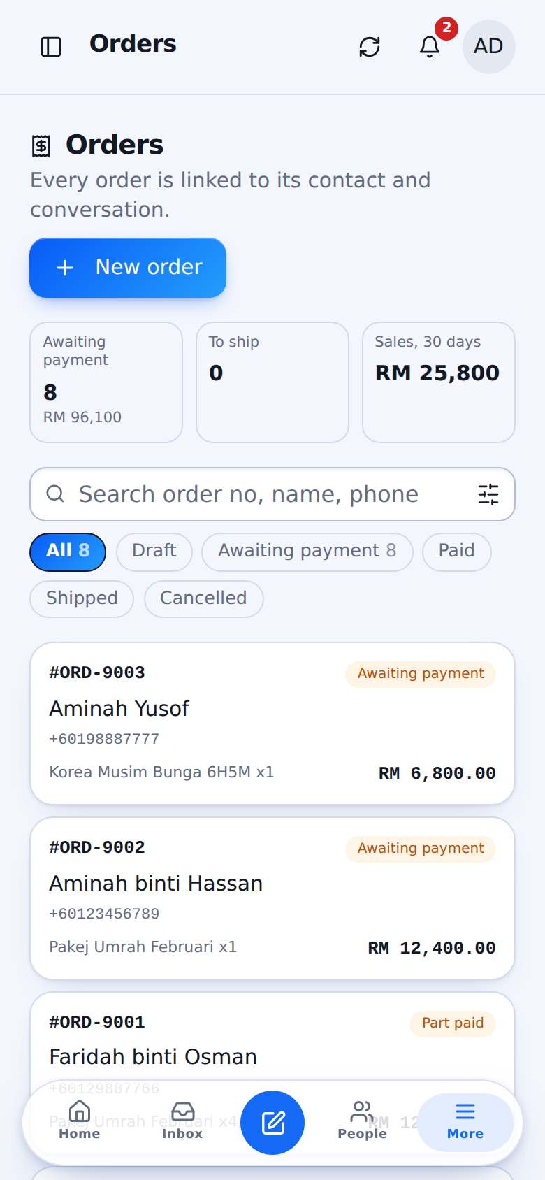 Daripada soalan ke invoice berbayar, dalam chat yang sama