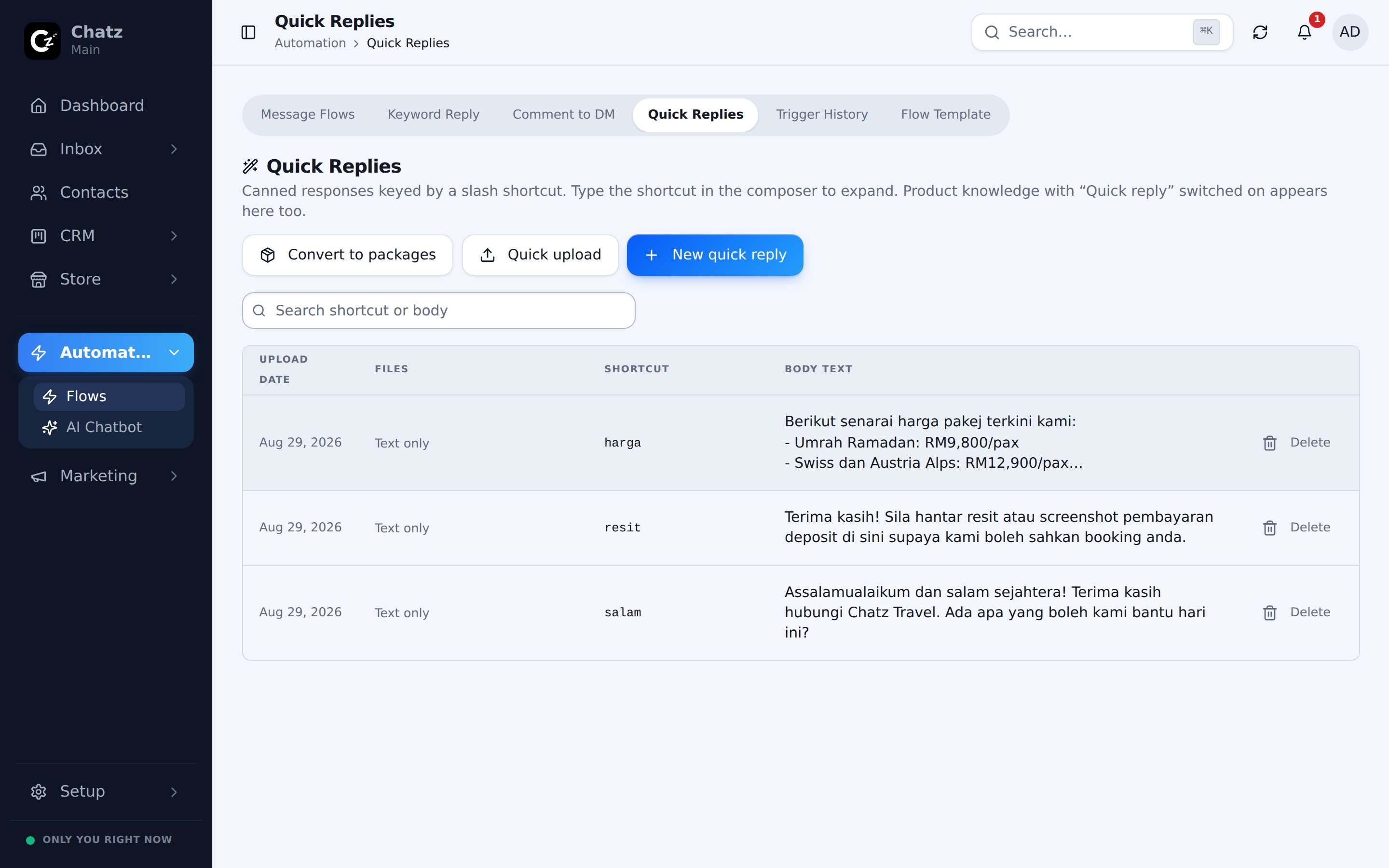 The Quick Replies manager