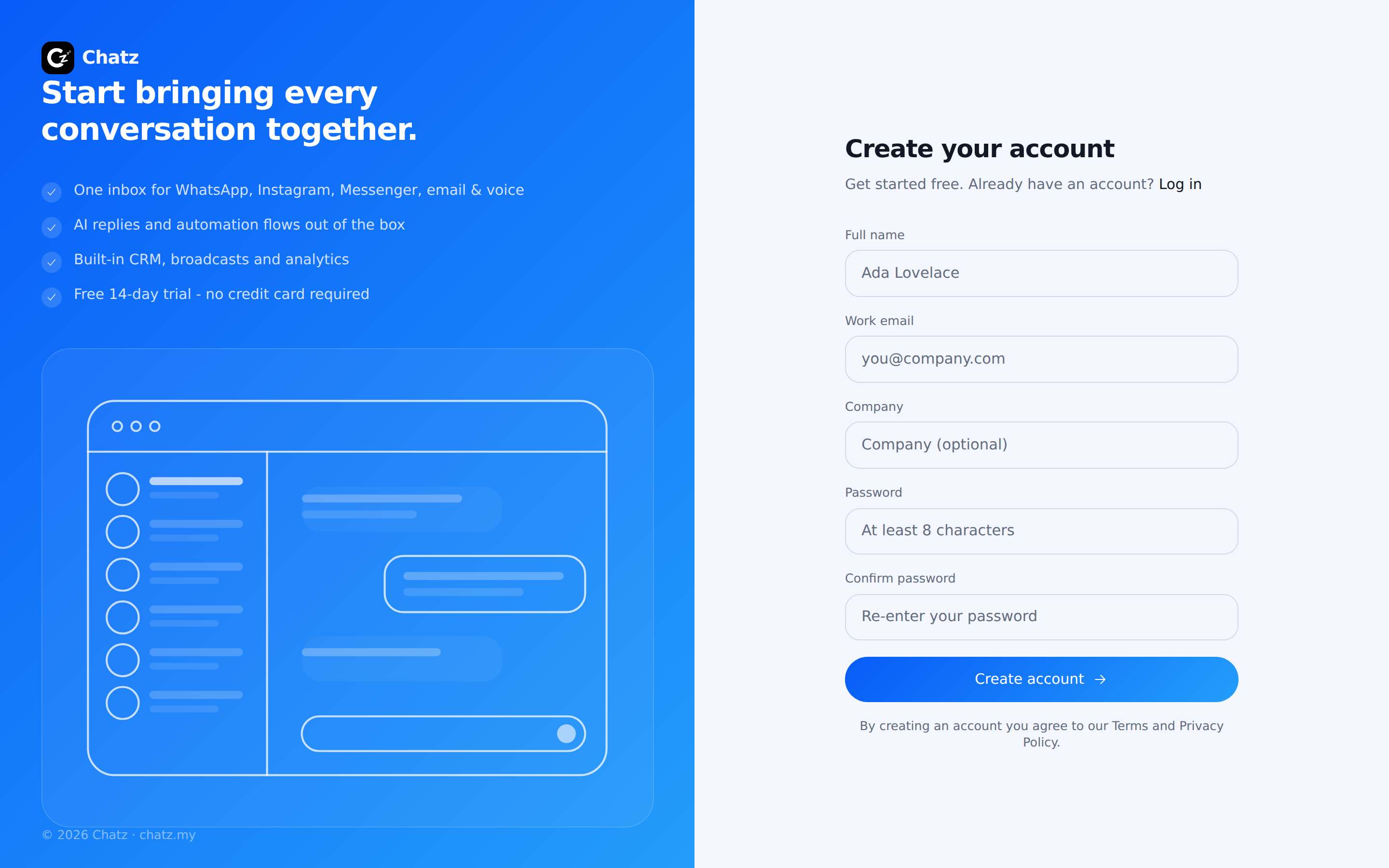 The Chatz registration page
