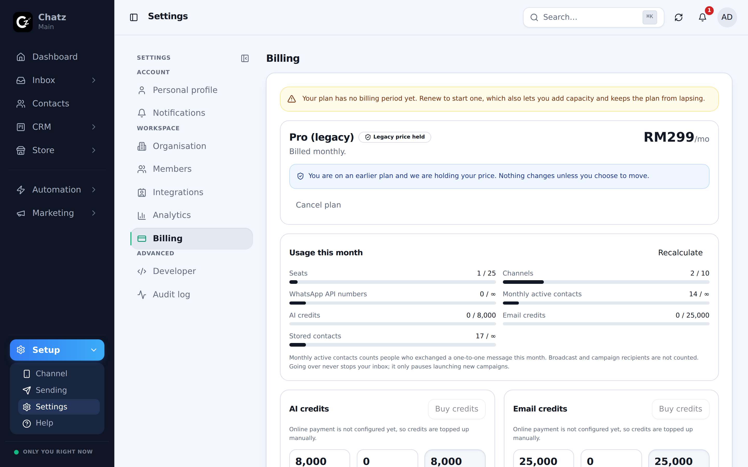 The Billing settings page