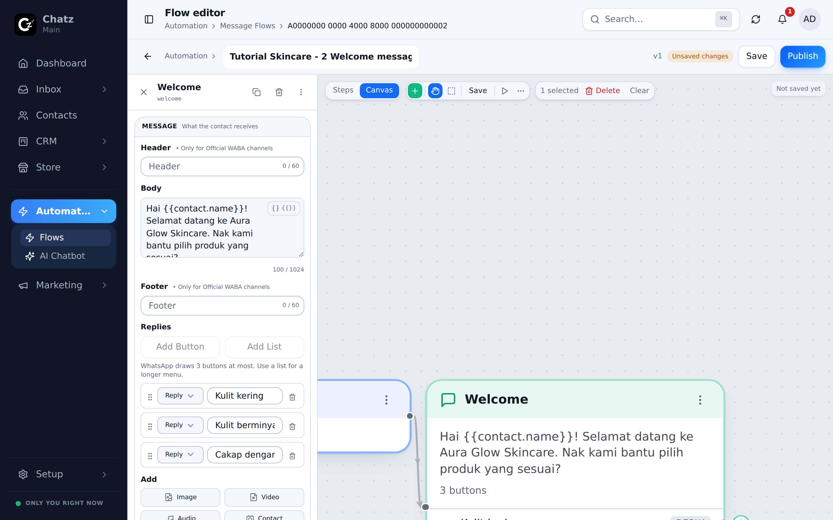 The welcome Send message step with its config sidebar open