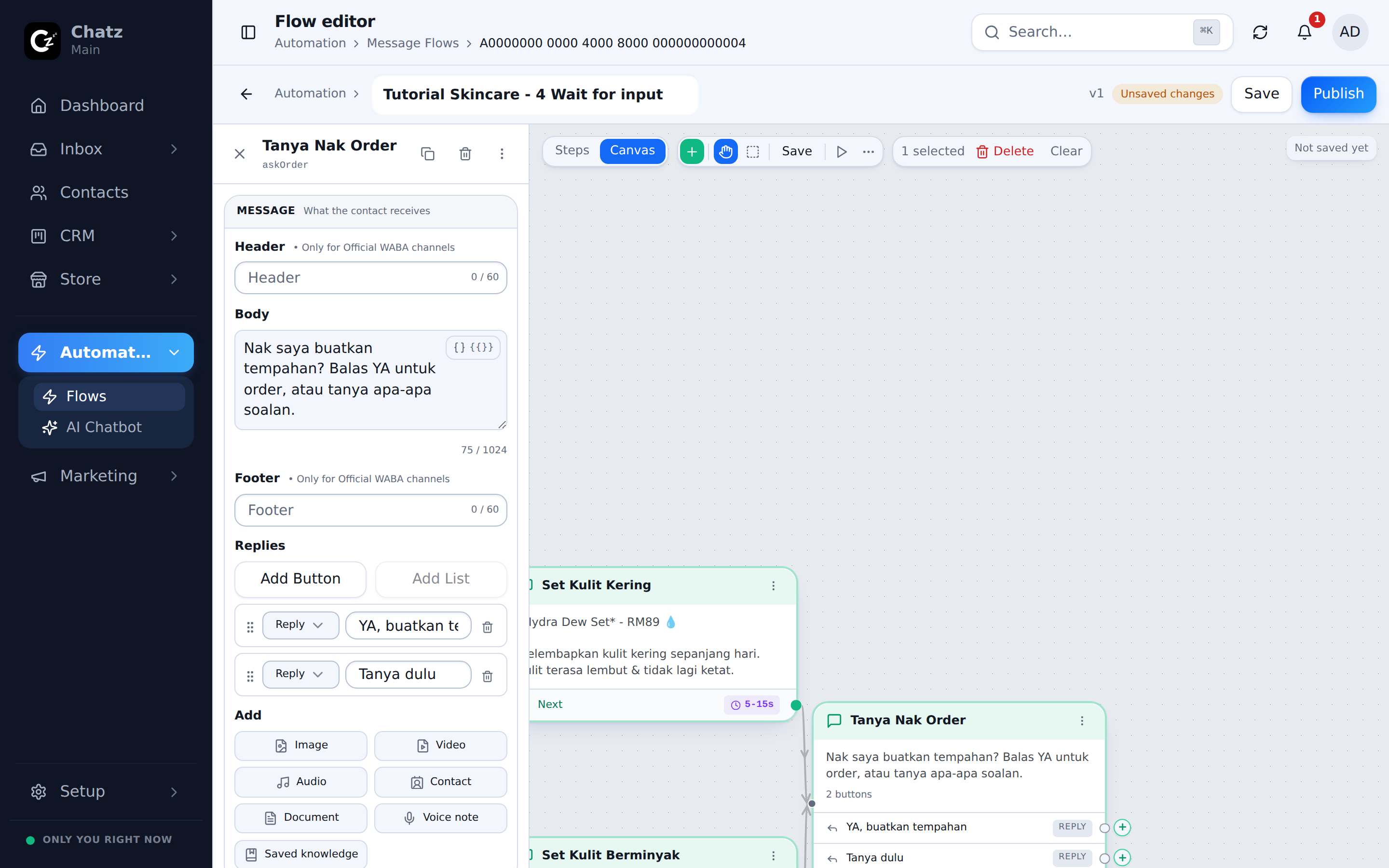 The order question step with its config sidebar open