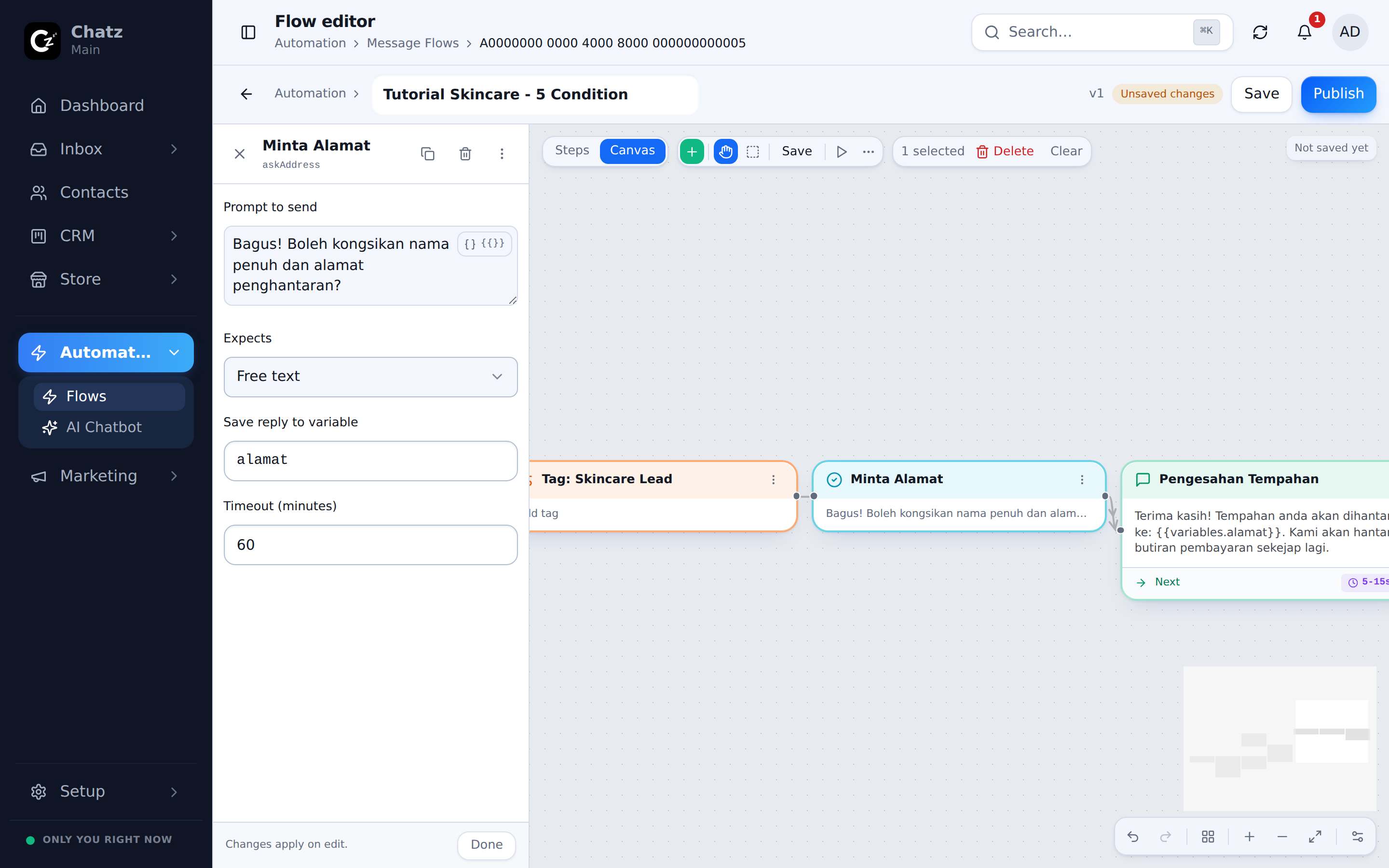 The Wait for input step with its config sidebar open