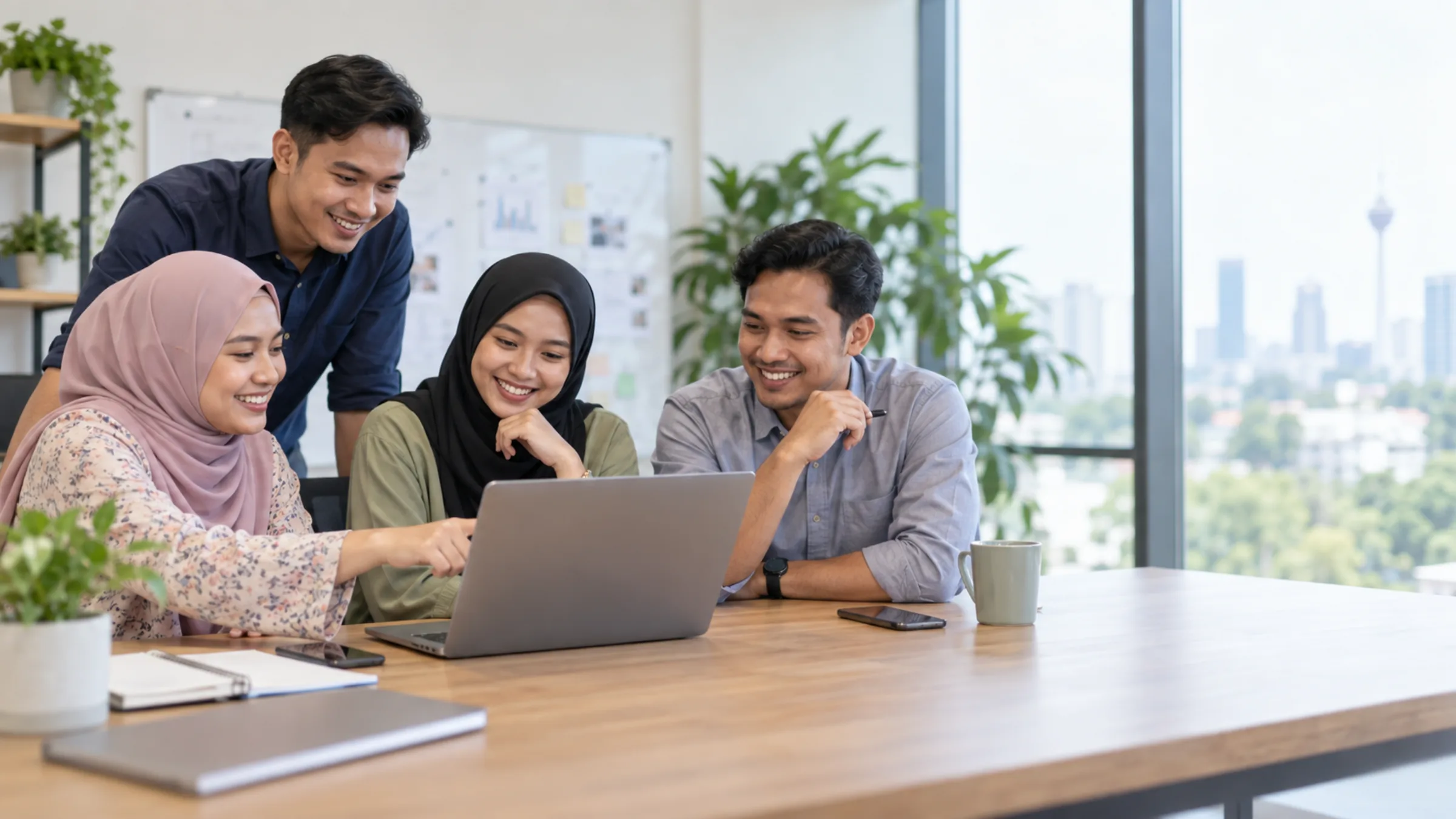 Two women in tudung and two men gather around a laptop and smile during an office conversation.
