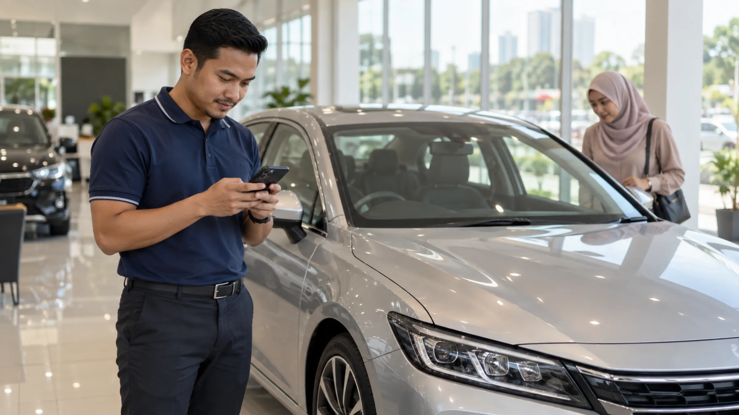 A salesman checks his phone beside a silver sedan while a woman in a tudung looks at the car.