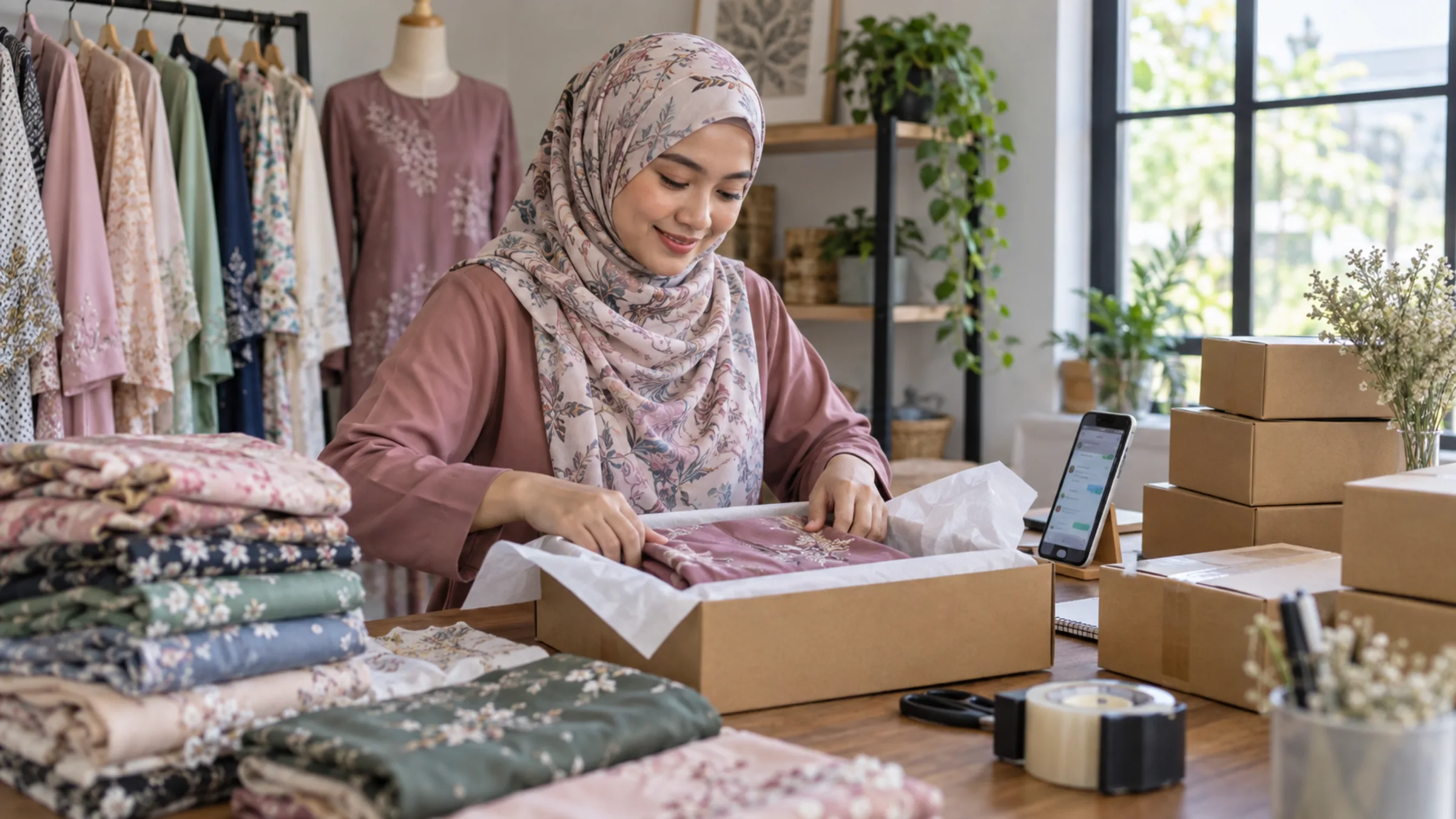 A woman in a patterned tudung packs clothing into parcels at a table with folded fabric and boxes.