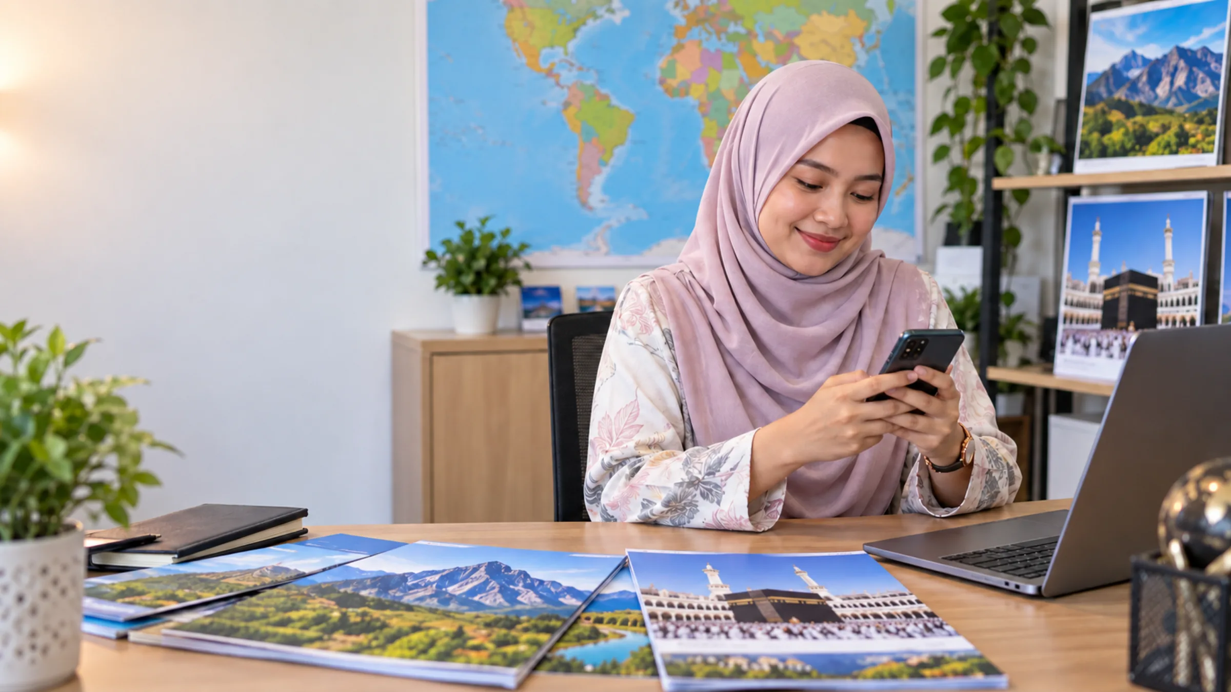 A woman in a pastel tudung uses her phone at a travel agency desk with a laptop and tour brochures.