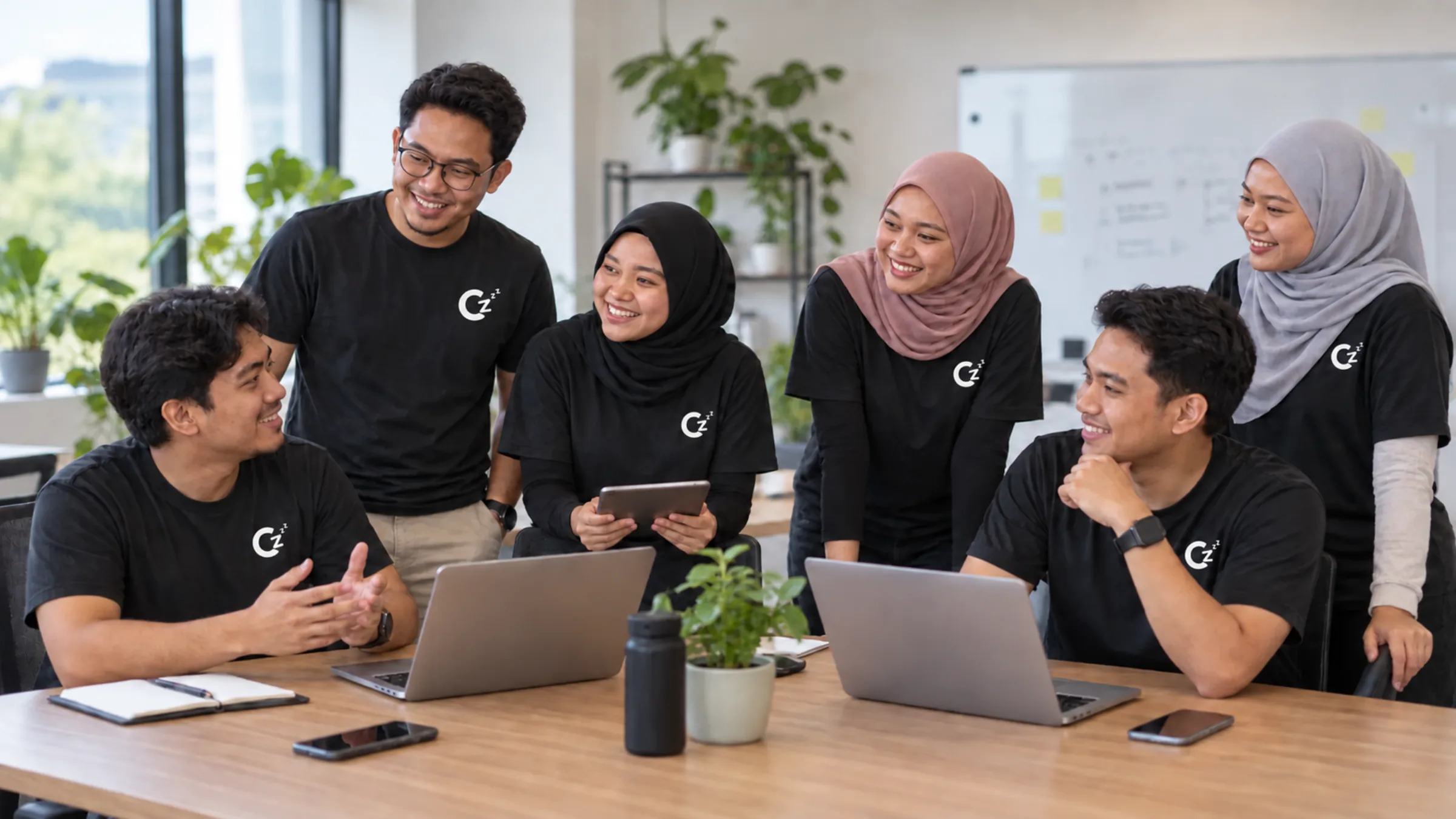 Three women in black, dusty rose and grey tudung and three men in matching dark shirts smile around a shared office desk.